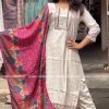 Special White Chinnon Silk Malty Thread Embroidery Salwar Suit