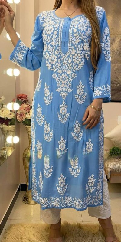 Splendorous Blue Color Rayon Chine Stitched Work Salwar Suit