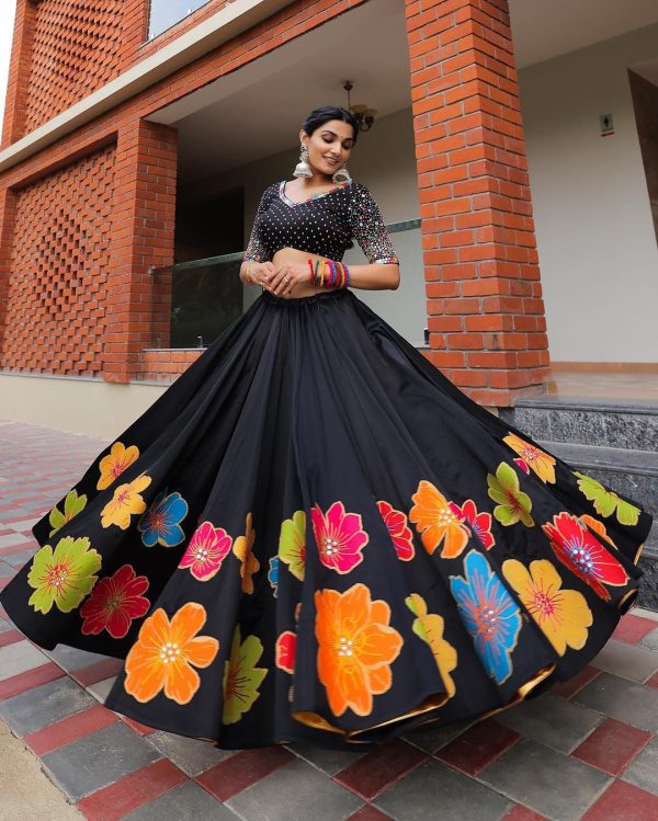 Stylish Black Color Pure Cotton Printed Mirror Work Lehenga Choli