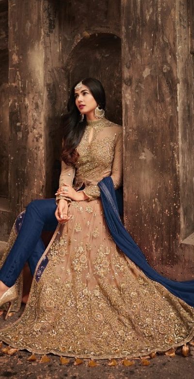 Stylish Golden & Blue Color Heavy Net Embroidery Salwar Suit