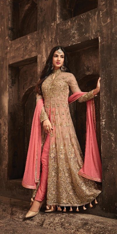 Stylish Golden & Pink Color Heavy Net Embroidery Salwar Suit