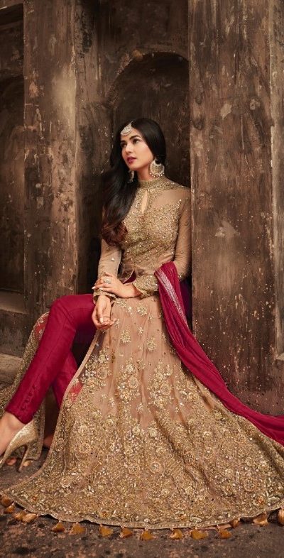 Stylish Golden & Red Color Heavy Net Embroidery Salwar Suit