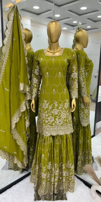 Stylish Green Color Chinnon Silk Embroidery Work Sharara Suit