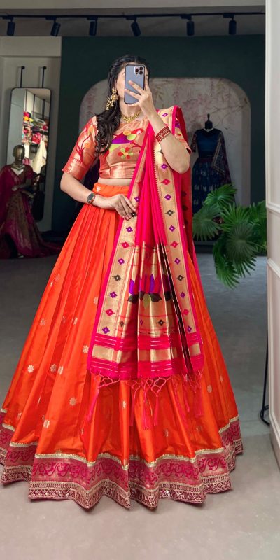 Stylish Orange Color Jacquard Silk Weaving Zari Lehenga Choli