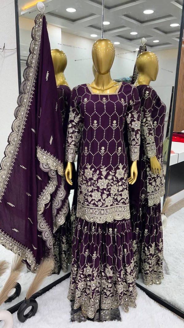 Stylish Purple Color Chinnon Silk Embroidery Work Sharara Suit