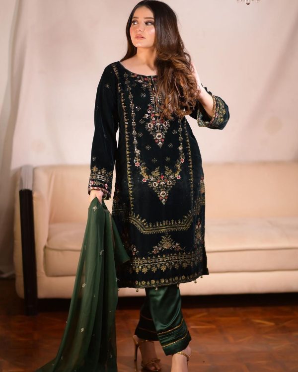 Sublime Green Color Viscose Velvet Embroidery Salwar Suit