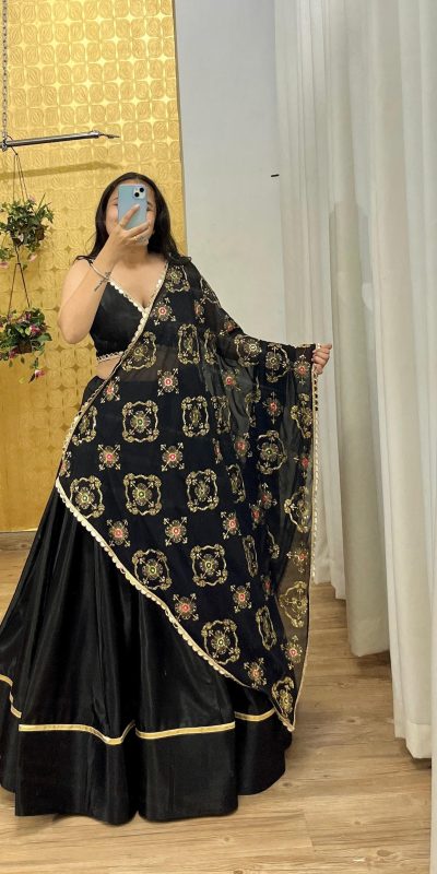 Superb Black Color Rayon Printed Silk Work Lehenga Choli