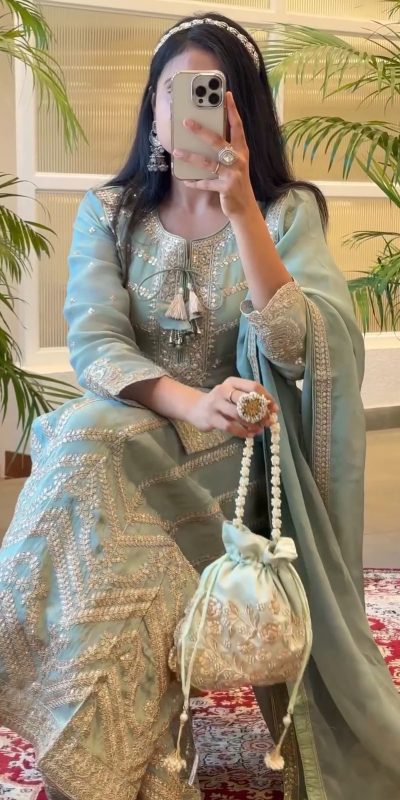 Superb Blue Chinnon Silk Malty Thread Embroidery Salwar Suit