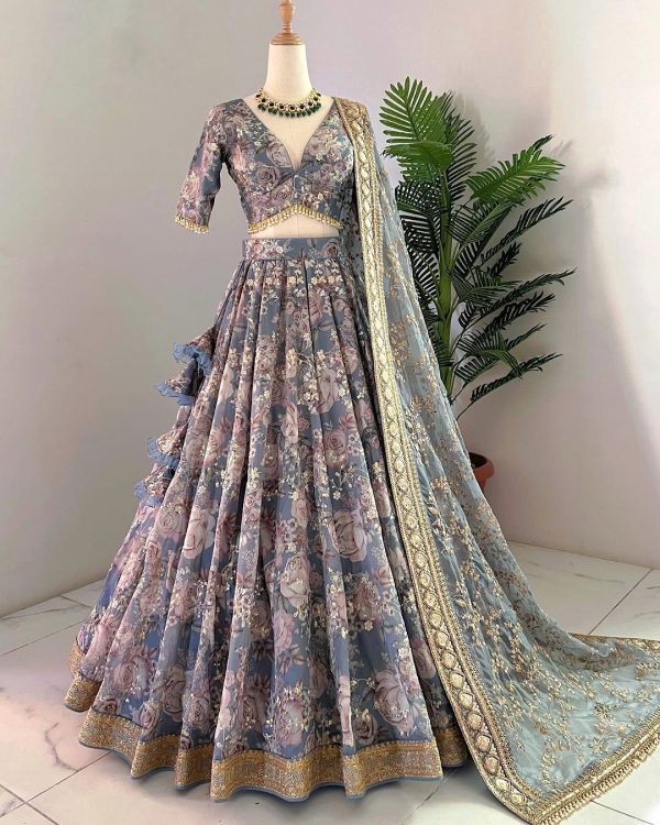 Superb Blue Color Chinon Silk Digital Printed Lehenga Choli