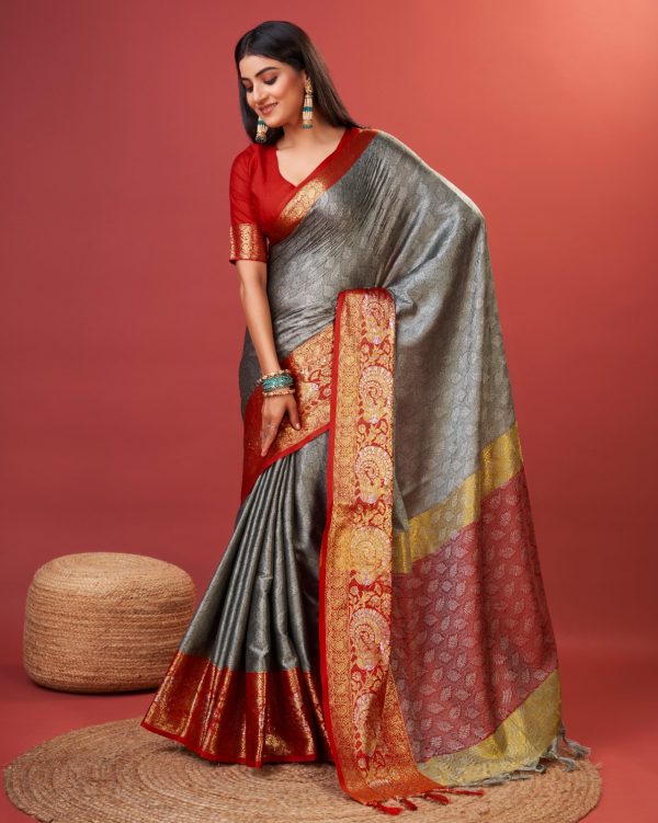 Superb Grey Color Rich Cotton Jacquard Silk Saree