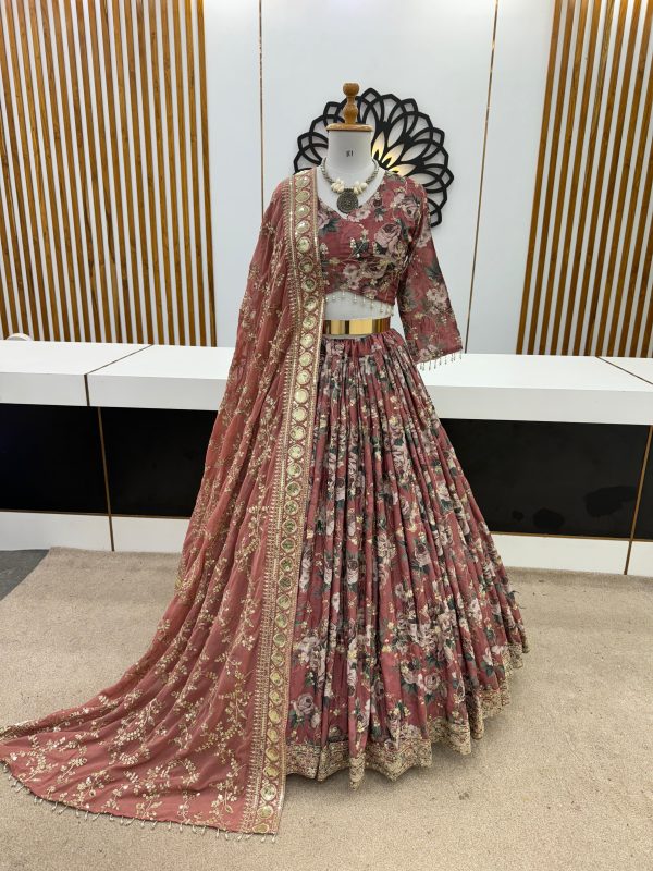 Superb Peach Color Chinon Silk Digital Printed Lehenga Choli