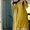 Superb Yellow Color Chinnon Silk Embroidery Sequence Salwar Suit