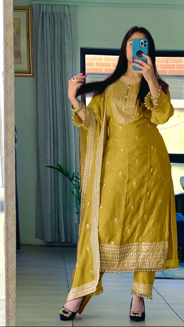 Superb Yellow Color Chinnon Silk Embroidery Sequence Salwar Suit