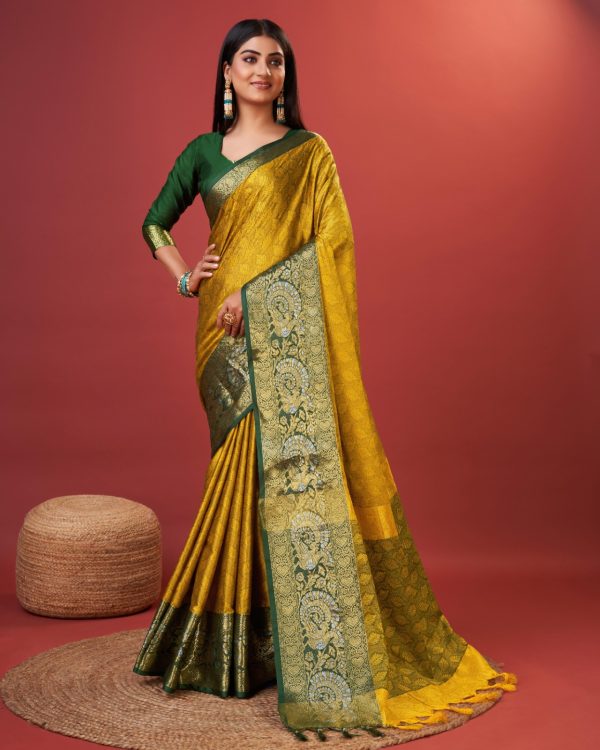 Superb Yellow Color Rich Cotton Jacquard Silk Saree