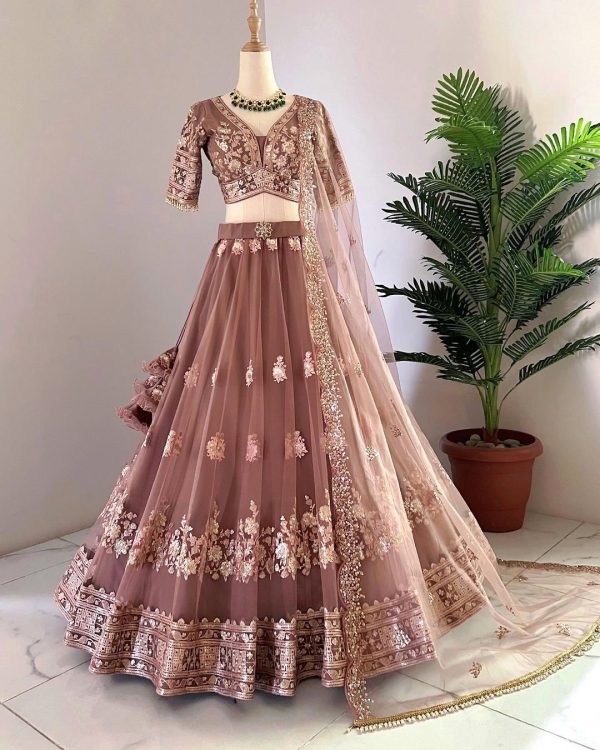 Stylish Peach Color Georgette Embroidery Lehenga Choli