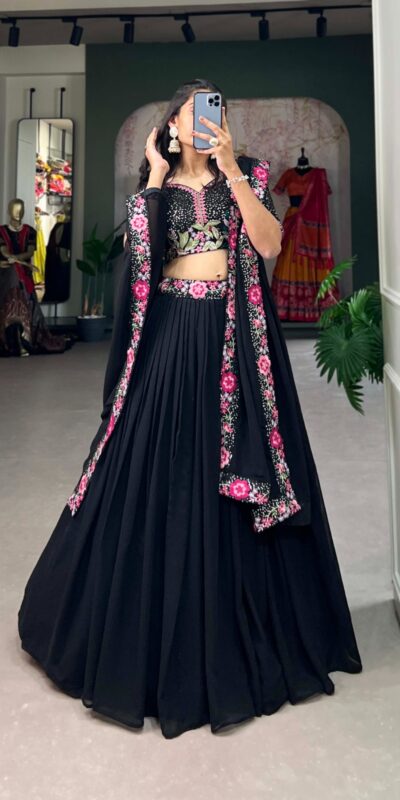 LNB 1403 Black Color Georgette Plain Embroidery Lehenga Choli Festive Party Wedding, Events etc. Delivery 4-6 Working Days @2999/- | Lehenga, Bollywood Lehenga, Creative Lehenga, Designer Lehenga, Embroidered Lehenga, Party Wear Lehenga