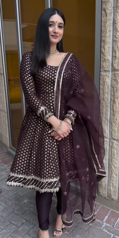 Aesthetic Brown Color Georgette Embroidery Sequence Salwar Suit