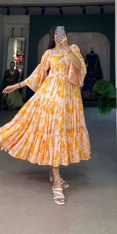 Aesthetic Yellow Color Georgette Floral Printed Work Gown