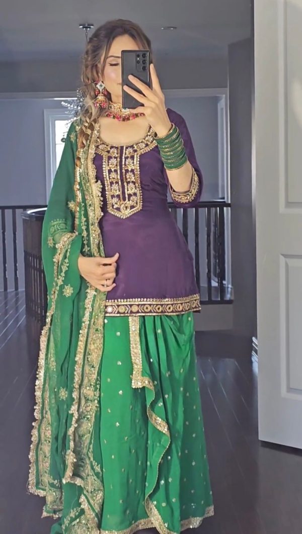 Artful Purple & Green Color Georgette Embroidery Salwar Suit