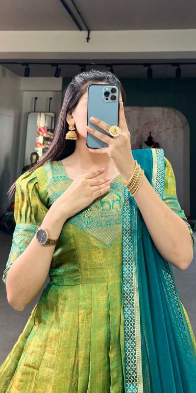 Attractive Parrot Green Color Kanjivaram Zari Weaving Work Gown