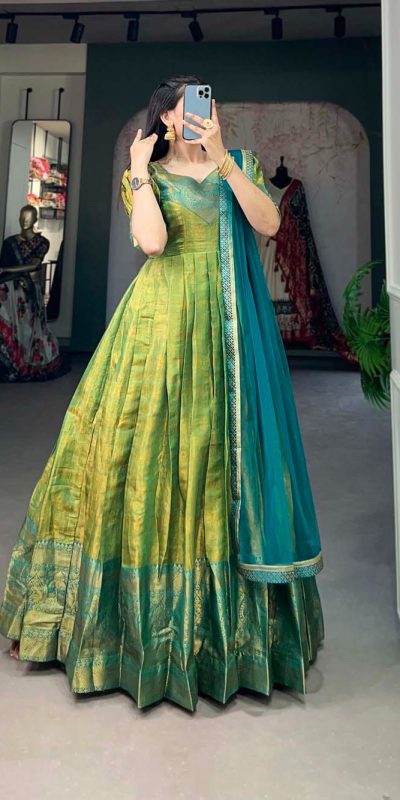 Attractive Parrot Green Color Kanjivaram Zari Weaving Work Gown