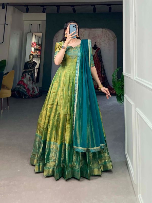 Attractive Parrot Green Color Kanjivaram Zari Weaving Work Gown