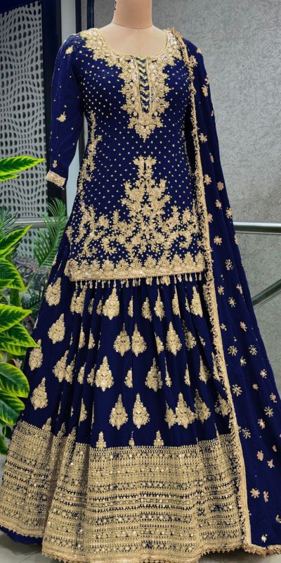 Captivating Navy Blue Color Chinnon Silk Embroidery Lehenga Choli