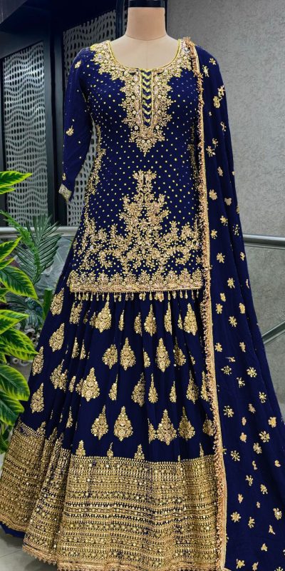 Captivating Navy Blue Color Chinnon Silk Embroidery Lehenga Choli