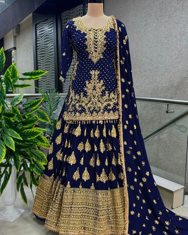 Captivating Navy Blue Color Chinnon Silk Embroidery Lehenga Choli