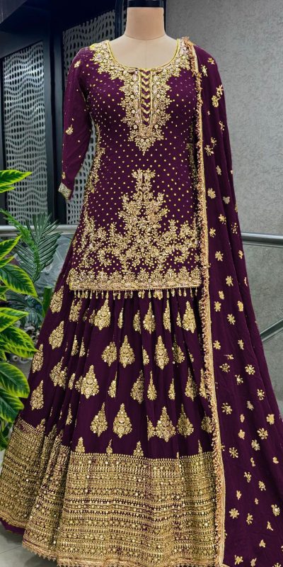 Captivating Purple Color Chinnon Silk Embroidery Lehenga Choli