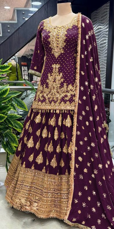 Captivating Purple Color Chinnon Silk Embroidery Lehenga Choli