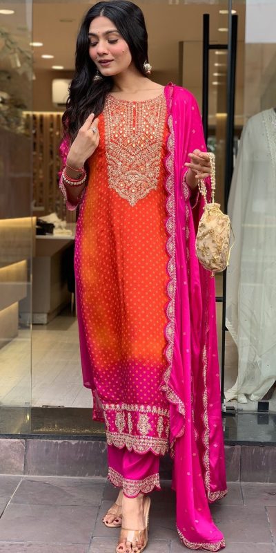 Classic Orange Color Chinnon Heavy Embroidery Salwar Suit