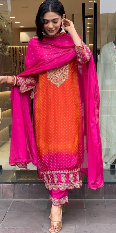 Classic Orange Color Chinnon Heavy Embroidery Salwar Suit