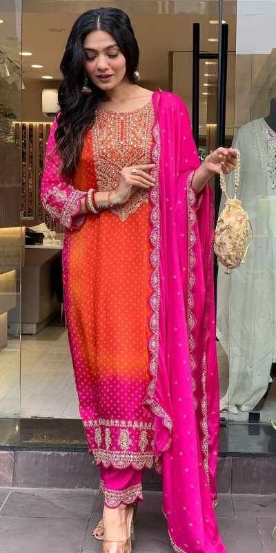 Classic Orange Color Chinnon Heavy Embroidery Salwar Suit