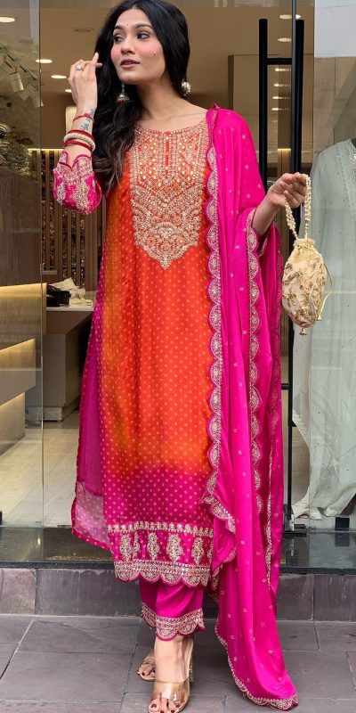 Classic Orange Color Chinnon Heavy Embroidery Salwar Suit