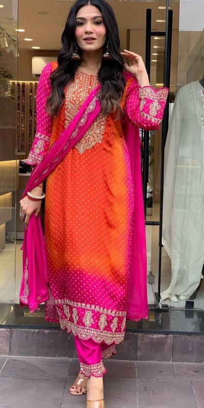 Classic Orange Color Chinnon Heavy Embroidery Salwar Suit