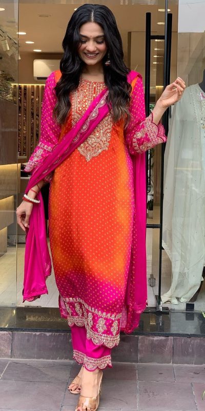 Classic Orange Color Chinnon Heavy Embroidery Salwar Suit
