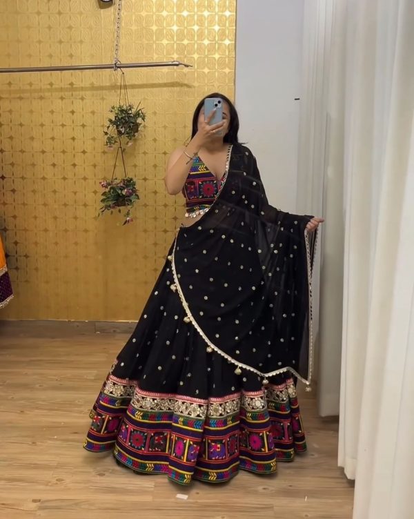 Cute Black Color Georgette Heavy Gamathi Work Lehenga Choli