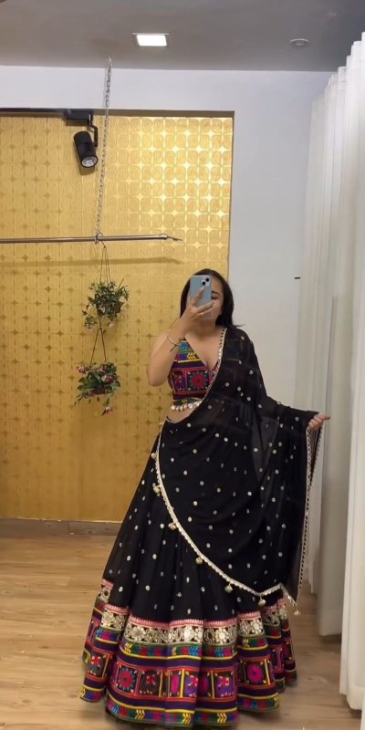 Cute Black Color Georgette Heavy Gamathi Work Lehenga Choli