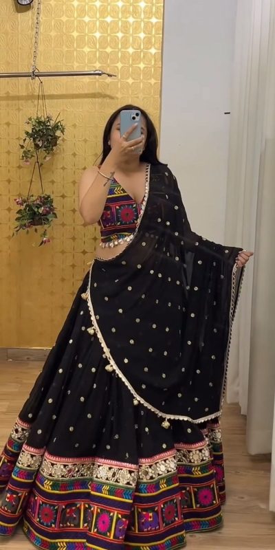 Cute Black Color Georgette Heavy Gamathi Work Lehenga Choli