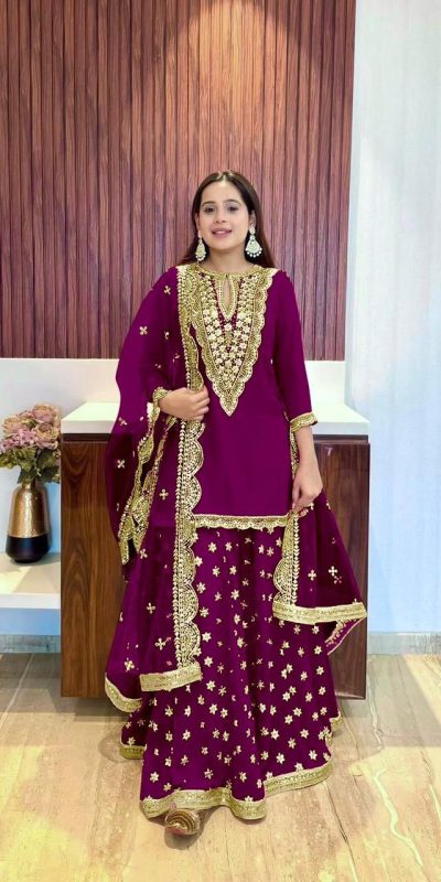 Dazzling Purple Color Georgette Embroidery Mirror Work Salwar Suit