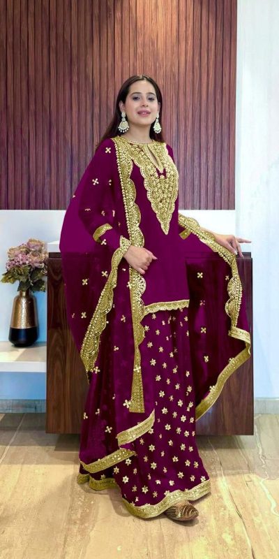 Dazzling Purple Color Georgette Embroidery Mirror Work Salwar Suit