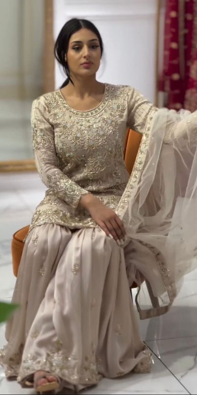 Elegant Cream Color Georgette Embroidery Sequence Sharara Suit