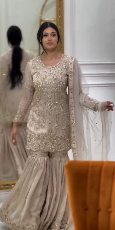 Elegant Cream Color Georgette Embroidery Sequence Sharara Suit