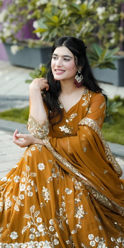 Georgette Anarkali Gown Mustard Yellow Ethnic Dress Buy Georgette