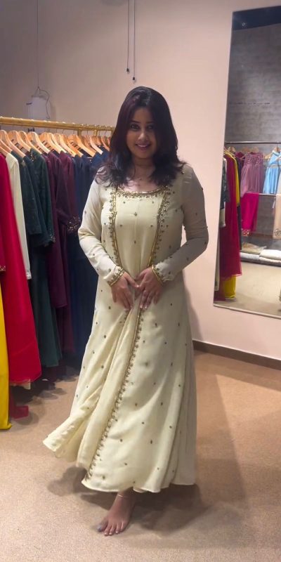 Fancy Cream Color Georgette Thread Sequence Shrug Salwar Suit