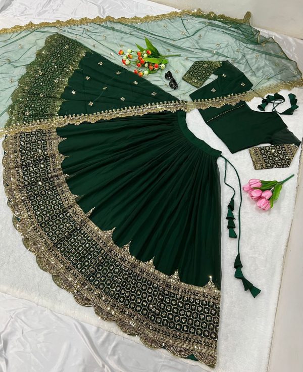 Fancy Dark Green Color Georgette Embroidery Lehenga Choli