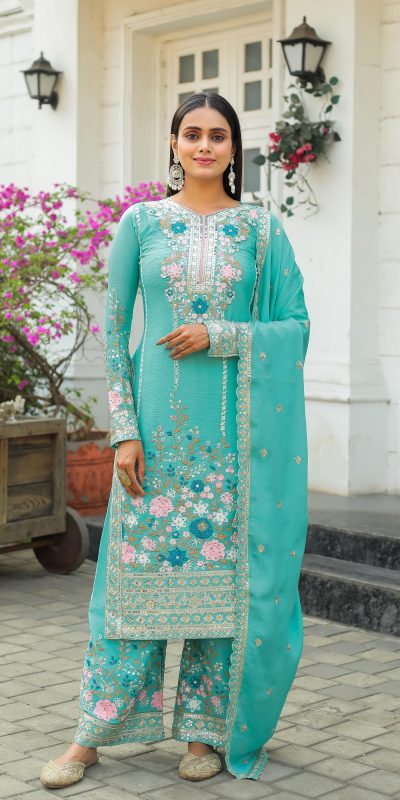 Fancy Firozi Color Chinon Silk Diamond Work Sharara Suit