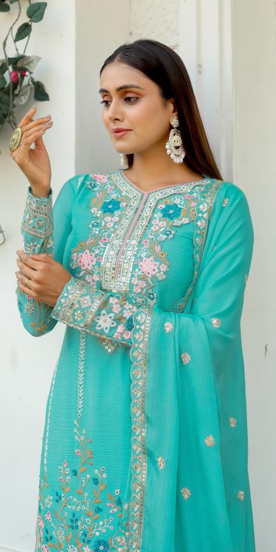 Fancy Firozi Color Chinon Silk Diamond Work Sharara Suit