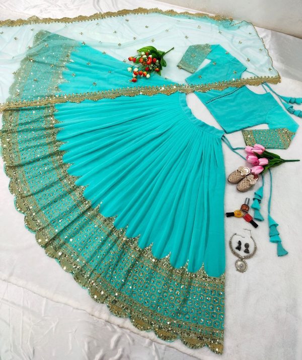 Fancy Firozi Color Georgette Embroidery Lehenga Choli